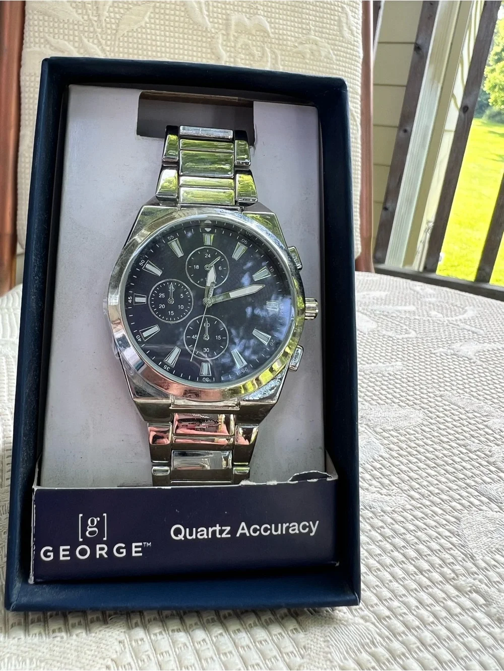 Men’s Silver Stainless Steel Quartz Watch – Black Dial – New in Box